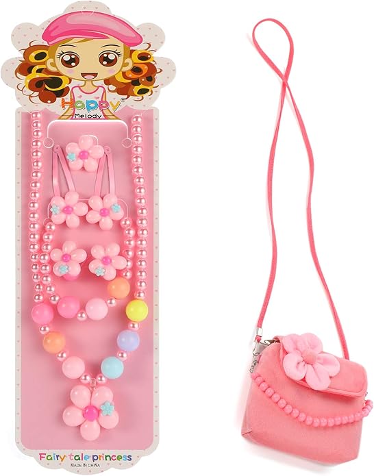 Hifot Kids Jewelry Little Girls Plush Handbag Necklace Bracelet Earrings Ring Hair Clips Set, Princess Costume Jewelry Party Favors Gift for Dress up Pretend Play (3-8 Years)