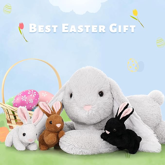 4 Pcs Easter Bunny Stuffed Animal - Large Stuffed Rabbit Plush Toys for Kids - Cuddly Mommy Bunny Surprise with 3 Small Bunnies