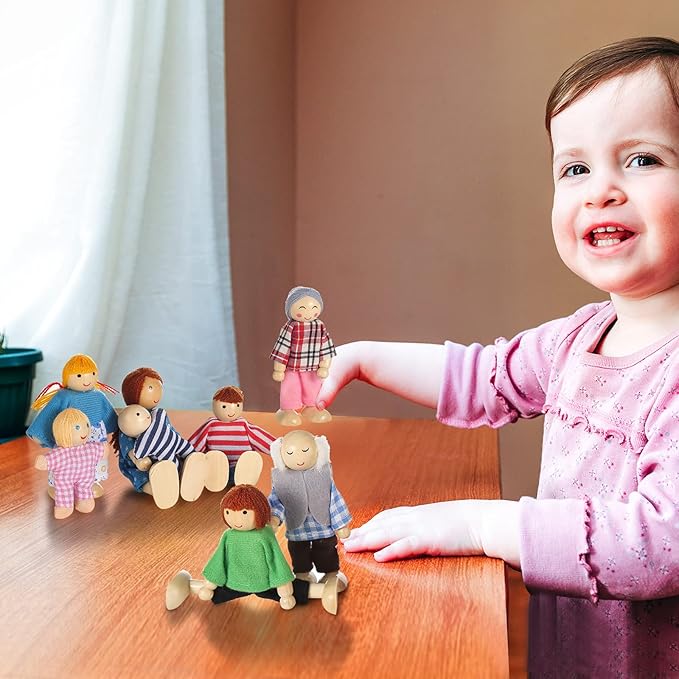 Wooden Doll House People of 8 Figures, Dolls Family Set for Girls Toddler Kids Dollhouse Accessories Toy
