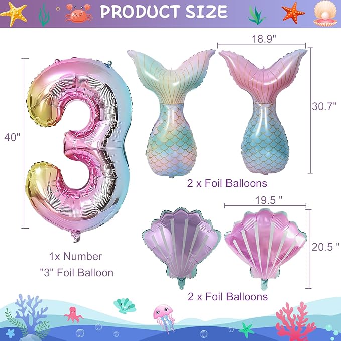 Mermaid Birthday Decorations 40 Inch Giant 3 Years Old Foil Balloons Kit for Girls Under The Sea Theme Party 21Pcs Balloons for Birthday Anniversary Baby Shower Party Decorations Supplies