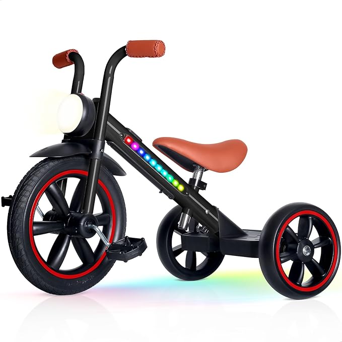 KRIDDO Kids Tricycle, 12 Inch Puncture Free Wheel w Front Light, Adjustable Seat Height, Gift for 2-5 Year Olds, BlackLED