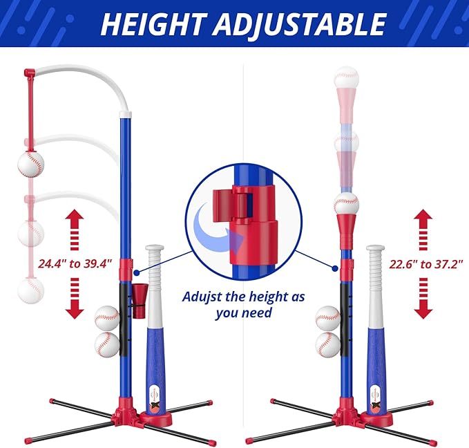 3-in-1 Baseball Set for Kids 3-5 - Tee Ball Stand, Hanging Tee, Ball Launcher and 6 Softballs - Adjustable Height, Indoor/Outdoor Sport Gifts for Boys Girls, Blue