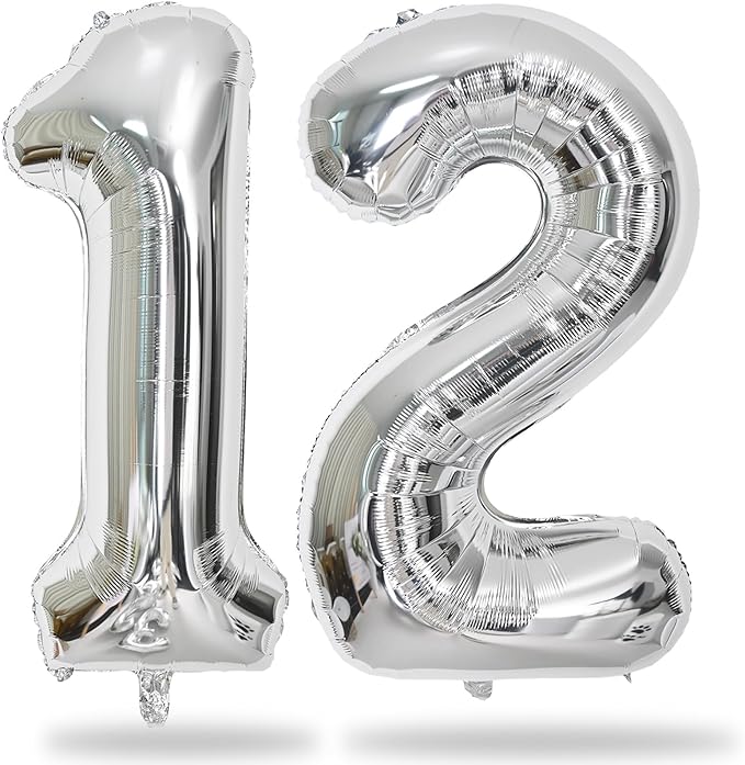 Silver 12th Birthday Balloons for Boys, 40 Inch Mylar Self Inflating 12 Balloon Number, Big Foil 1 and 2 Helium Balloons for Women Girls 21st Birthday Party Decorations Anniversary Decor Supplies