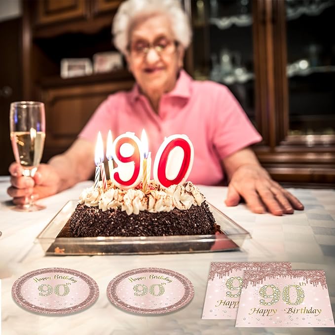 40PCS 90th Birthday Decorations for Women Rose Gold 1936 90 Year Old Theme Birthday Party Tableware Kit 90th Birthday Plates and Napkins Set for Women,Disposable 7'' Paper Plates, Napkins