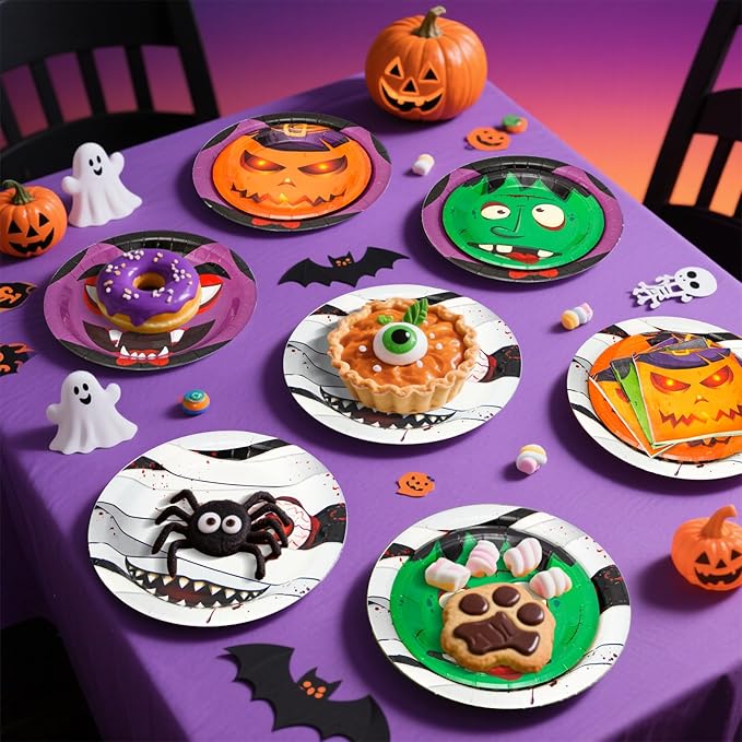 180 Pcs Halloween Paper Plates and Napkins Set,4 Design Pumpkin Monster Bat Disposable Tableware Supplies,for Halloween Party Decoration,Serve 60