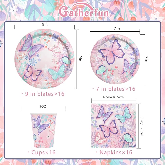 Butterfly Birthday Party Supplies Disposable Paper Plates Napkins and Cups for Butterfly Girl Party Birthday Decorations, Serve 16