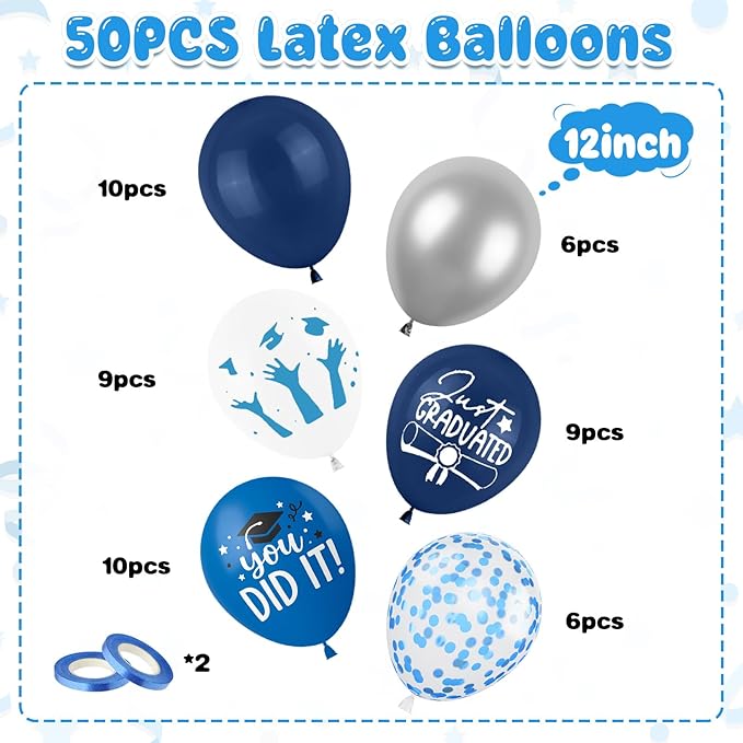 Graduation Party Decorations Balloons Set, 50PCS 12 Inch Blue White Silve Confetti Party Latex Balloon for Class Of 2025 Graduation Party Decoration Supplies