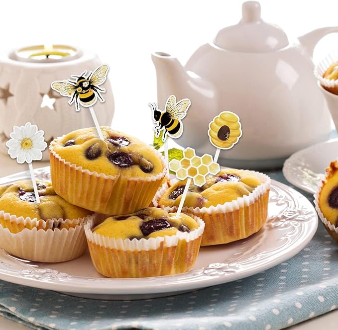 WERNNSAI 36 PCS Bee Cupcake Toppers - Bumble Bee Cake Decorations Honeycomb Cake Toppers Sweet Birthday Party Decorations for Kids Birthday Baby Shower Supplies