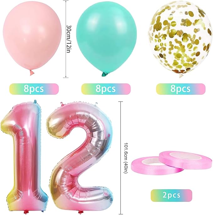12th Birthday Decorations for Girls Gradient Color Age 12 Birthday Balloons with Happy Birthday Banner for Baby Showers Twelfth Birthday Party Supplies for Girls Boys (12th-Birthday)