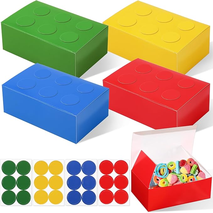 Leinuosen 24 Pieces Building Block Party Favor Boxes 4 Color DIY Brick Theme Gift Goodie Treat Candy Cardboard Paper Box for Building Block Birthday Party Baby Shower Decoration Supplies (Bright)