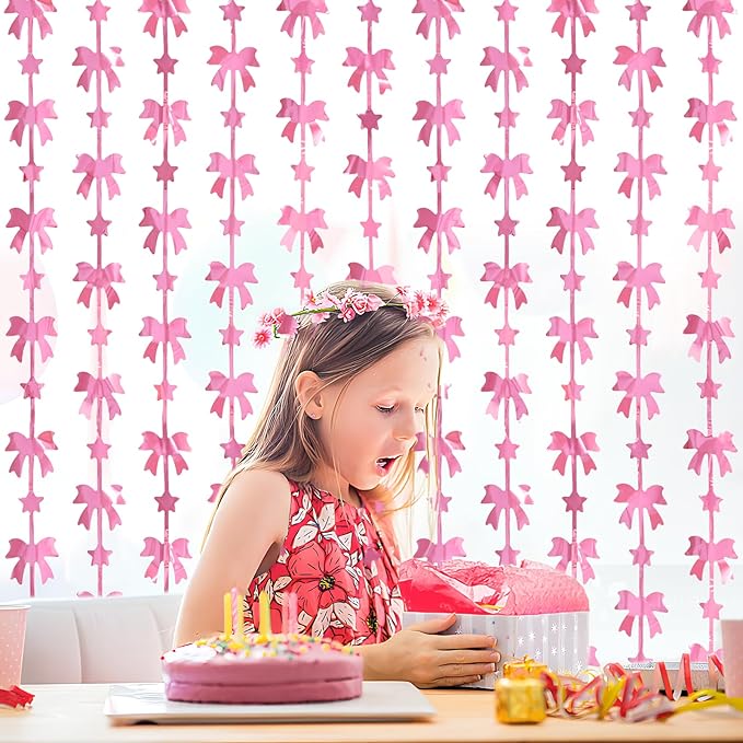 Bow Party Decorations, 2 Pack Pink Coquette Birthday Party Supplies, 3.3 X 6.6 ft Foil Fringe Curtains, Pink Bow Photo Booth Props Backdrop for Girls, Baby Pink, Bridal Shower Party Decor