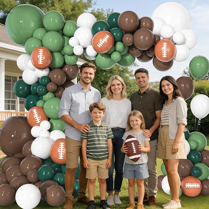 170Pcs Football Balloon Garland Arch Kit, Sage Green Brown Dark Green and White with Rugby Printed Balloons for Football First Year Baby Shower Birthday Sports Themed Party Decorations Supplies
