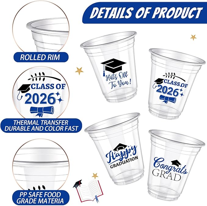 Eaasty 100 Pcs 12oz Graduation Cups 2026 Disposable Plastic Cups for Class of 2026 Graduation Party Congrats Grad Elegant Party Supplies Tableware Decorations (Blue)