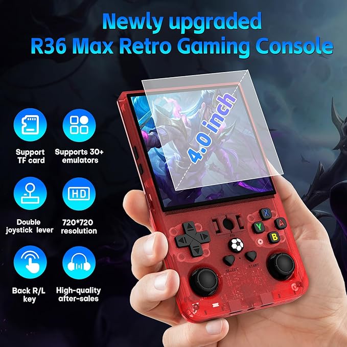 R36MAX Handheld Game Console, Retro Gaming Console with 4000mAh Battery 4.0”IPS Screen, Open Source Linux System, with 64GB TF Card Portable Video Gaming Console, Transparent Ruby