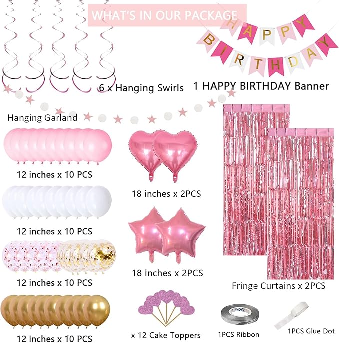 Pink Gold Birthday Party Decorations, Happy Birthday Banner, Pink Fringe Curtain, Heart Star Foil Confetti Balloons, Hanging Swirls for Women Girls Birthdays Princess Party