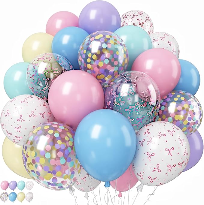 Pastel Bow Balloons Macaron Rainbow Balloon Birthday Decorations, 55 Pcs 12 In Pastel Colorful Pink Bows Print Balloon Blue Purple Yellow Confetti Balloon for Kids Girls Princess Easter Bridal Shower