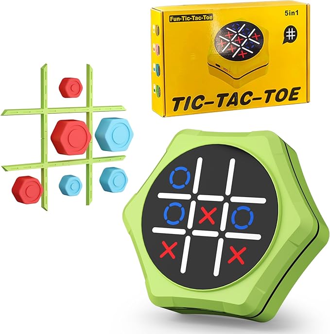 Tic Tac Toe Bolt Game,5-in-1 Handheld Puzzle Games Console,Electronic Tic Tac Toe Game for Educational&Memory,Portable Travel Games for Car Ride with Silent Mode,Toys Gift Idea for Kids & Family-Green