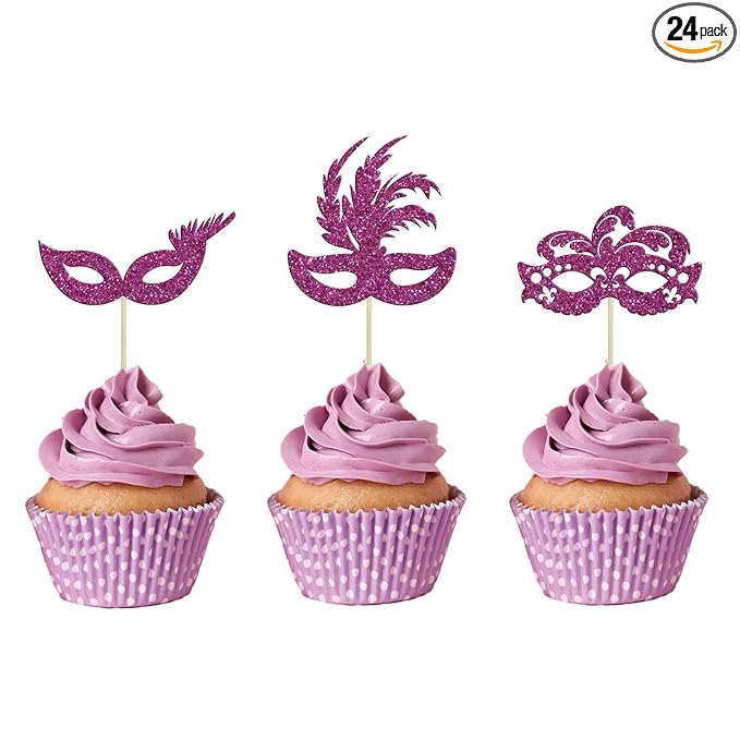 Gyufise 24Pcs Masquerade Masks Cupcake Toppers Purple Glitter Bachelorette Mask Cupcake Topper Mask Cake Picks Decorations for Masquerade Mardi Gras Party Baby Shower Birthday Party Supplies