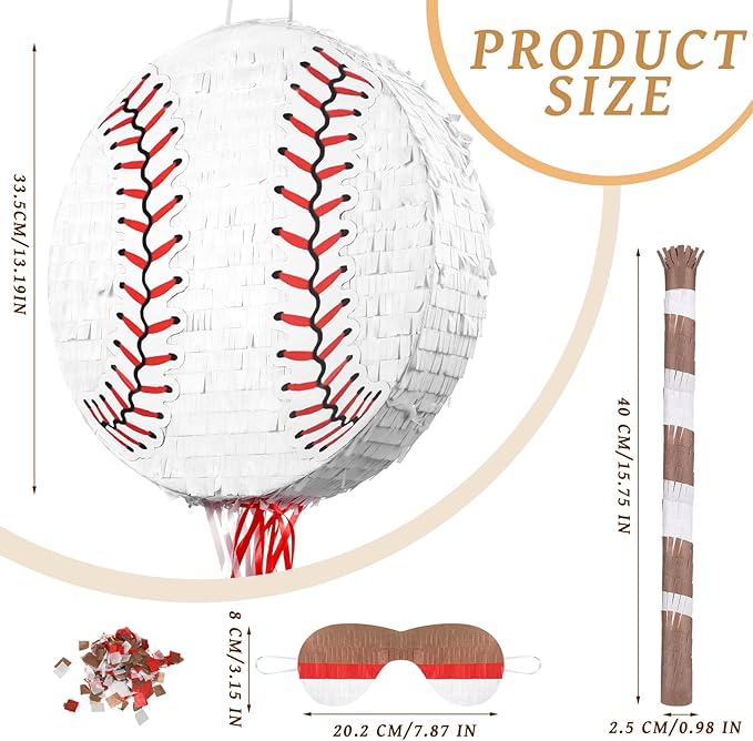 Baseball Piñata with Blindfold Bat for Birthday Party Softball Paper Piñata Sports Balls Confetti Baseball Party Supplies for Birthday Party Decorations 13.19 x 13.19 x 3 Inch(Simple)