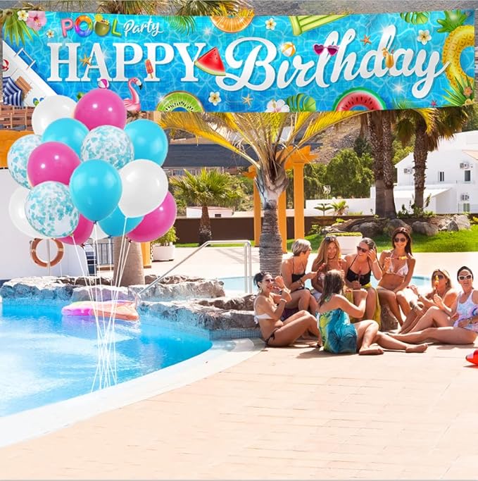 Pool Party Banner Decorations Colorful Happy Birthday Pool Banner Background Summer Themed Hawaiian Outdoor Party Decor with 30 Balloons Birthday Yard Decor Baby Shower Supplies - 9.8×1.9ft