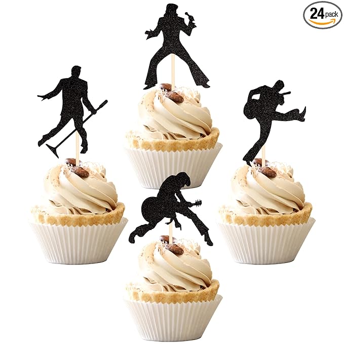 24 PCS Rock Band Cupcake Toppers Black Glitter Rock Pop Music Theme Cupcake Picks Music Concert Theme Birthday Party Cake Decorations Supplies
