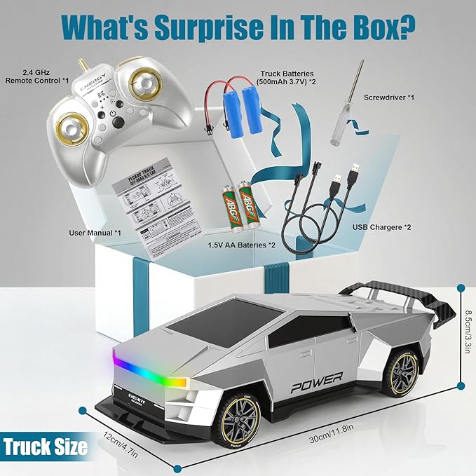 Remote Control Car/RC Truck – 2.4 GHz All-Terrain Cyber Vehicles with One-Touch Demo and Three Adjustable LED Light Effects, Off-Road Pick-Up Hobby Monster Truck Toys Gifts for Boys Aged 3+ (Silver)