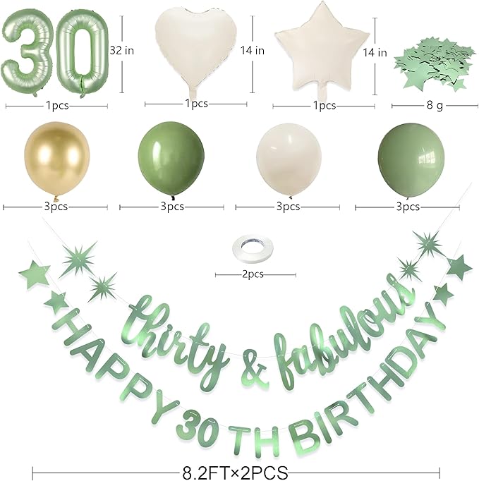 Sage Green Thirty & Fabulous Happy 30th Birthday Banner Garland Foil Balloon 30 for Womens 30th Birthday Decorations 30 and Fabulous Cheers to 30 Years Old Dirty Thirty Party Decor Supplies Backdrop