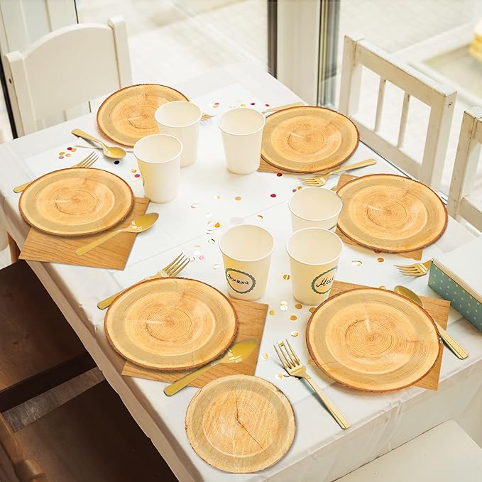 Wiooffen 96 PCS Brown Paper Tableware Set - Rustic Wood Tree Party Supplies for 24 Guests, Includes Plates, Forks, Napkins for Camping, Hunting Theme