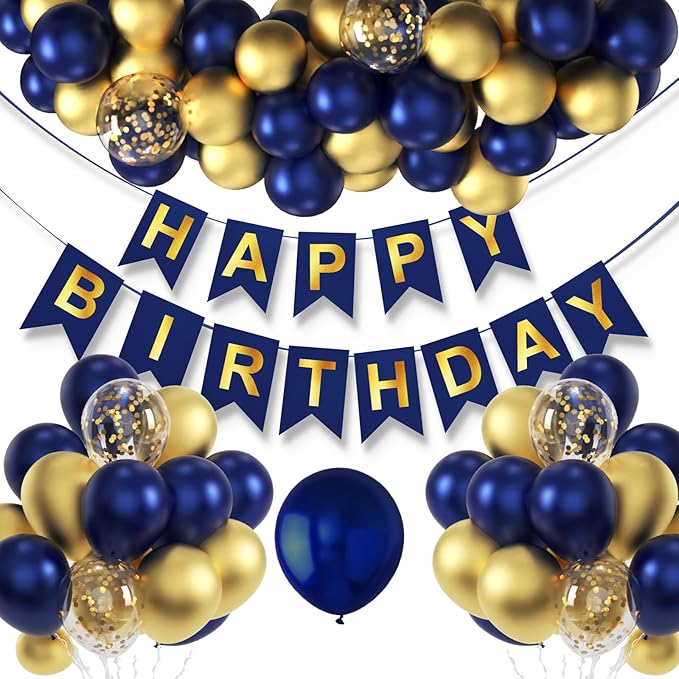 Navy Blue Birthday Party Decorations for Men Decor 100pcs Gold and Navy Blue Balloons Garland Arch Kit Pre-Strung Happy Birthday Banner Girls 16th 18th 30th 40th 50th 60th 70th 80th 90th for Boys