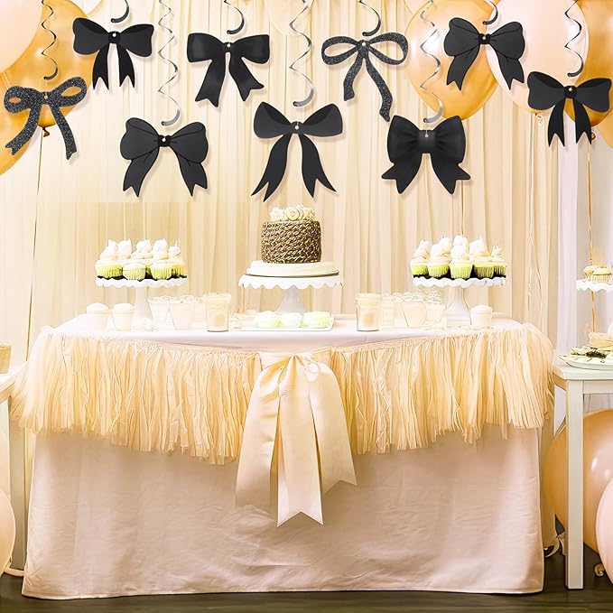 28 Pcs Bow Birthday Decorations Coquette Bow Birthday Hanging Swirls Decorations for Bridal Shower Party Supplies Wedding Christmas Party(Black)