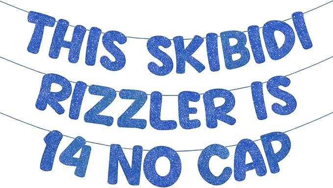 Fulmoon Pre Strung This Skibidi Rizzler Is 14 No Cap Glitter Banner 14th Birthday Party Decorations, Funny Birthday Sign, Party Supplies, Ideas, Gifts, Dark Blue