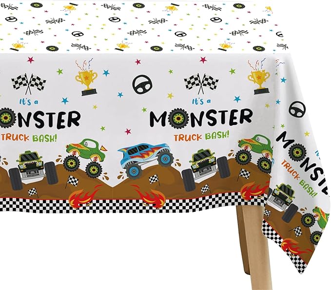 Monster Truck Birthday Decorations Tablecloth - Disposable Monster Truck Birthday Party Supplies Table Cover for Kids - 3 Pack (54in x 108in)