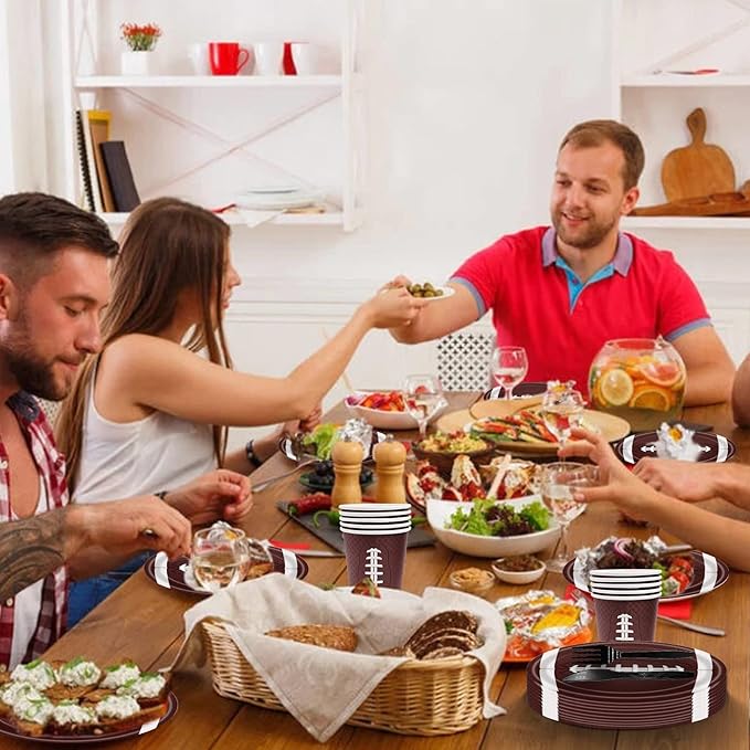 144Pcs Football Party Supplies Football Plates and Napkins Tableware Set Include Paper Plates Napkins Cups Forks for Rugby Game Touchdown Tailgate Party Decorations Serve 24 Guests