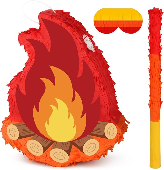 Camping Campfire Pinata with Stick and Blindfold Fake Flame Pinata for Boys Girls Kids Christmas Birthday Party Supplies Camping Adventure Party Photo Props Decorations