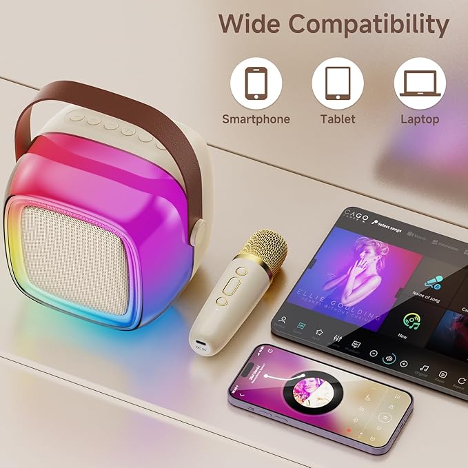 JYX Mini Karaoke Machine for Kids Adults, Portable Bluetooth Speaker with 2 Microphones, Support TF/AUX Input/4 Funny Magic Voice (Rainbow-1 Mic)