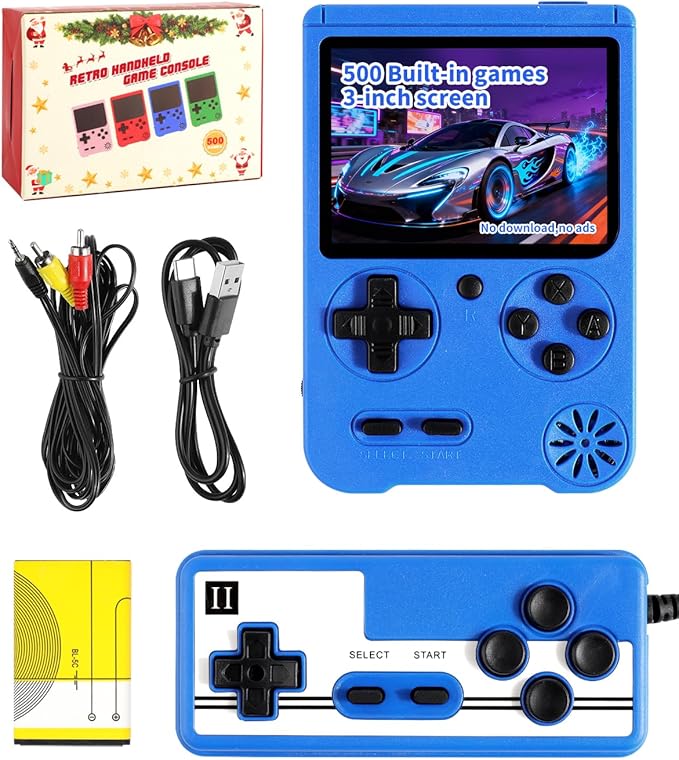 Handheld Games for Kids, Preloaded 500 Retro Classic Video Games, Portable Arcade Retro Game Console with 3'' IPS Screen and Rechargeable Battery, Mini Travel Game System,Gifts for Boys Girls (Blue)