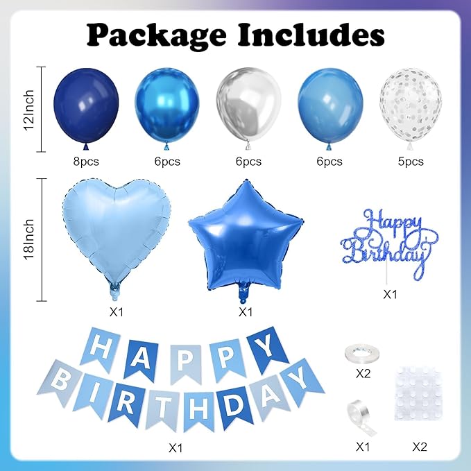 Blue Silver Birthday Decorations for Boys Men,Dark Navy Metallic Confetti Latex Party Balloon Star Heart Foil Balloon Cake Topper Blue Party Supplies Decor