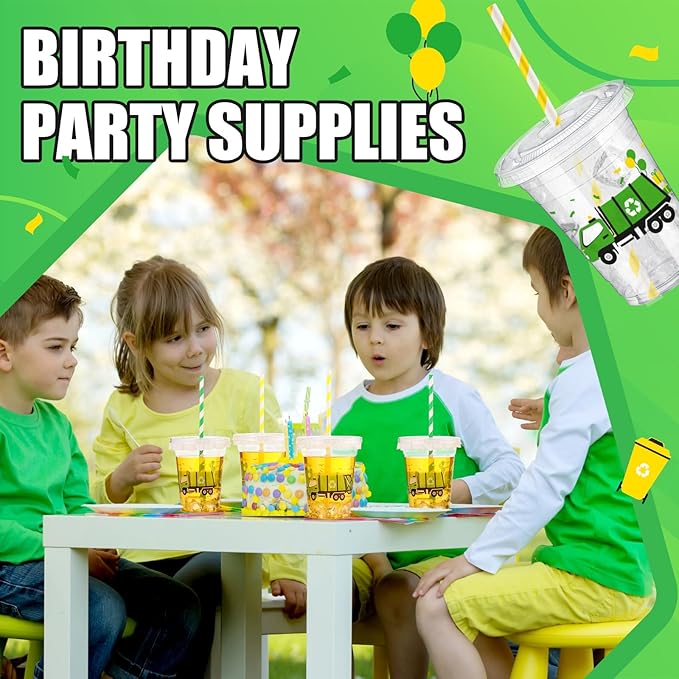 Domensi 50 Pcs Garbage Truck Birthday Party Plastic Cup 12 oz Garbage Car Thick Clear Cup Truck Mugs Trash Car Birthday Table Decorations Party Favor car Design
