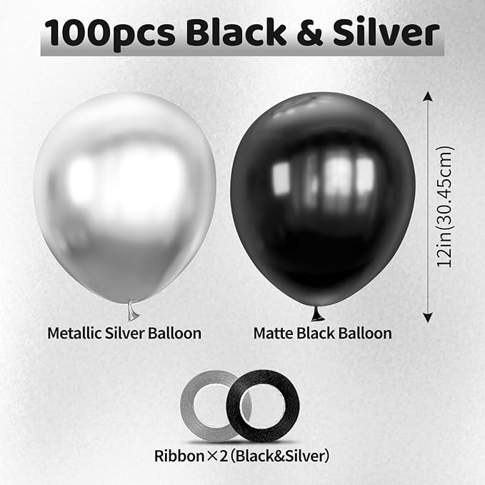 100pcs Black and Silver Balloons 12 Inch Metallic Silver and Black latex Party Balloons for Birthday Graduation Engagement New Year's Eve Party Decorations