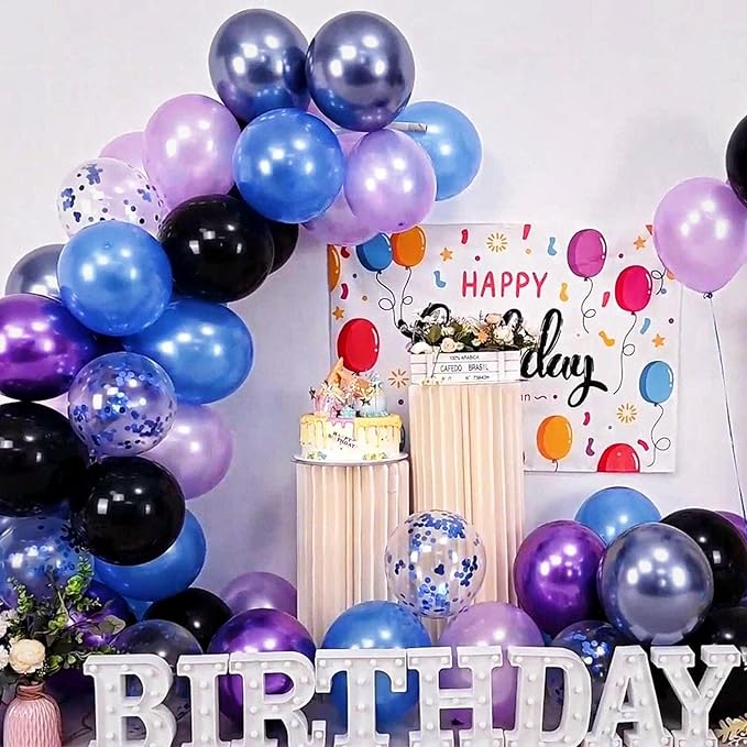 Black Purple Blue Balloon, 60 PCS Outer Space Balloons, 12Inch Metallic Navy Blue Purple Black Balloon Pearl Purple Blue Confetti Latex Balloons for Kids Boys Astronaut Space Birthday Party Decoration