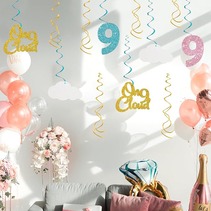 Maicaiffe On Cloud 9 Hanging Swirl Decorations - Glitter 12 Pcs 9th Birthday Party Supplies - Children Birthday - Nine Streamers - Nine Years Old Party Foil Swirls Ceiling Decorations