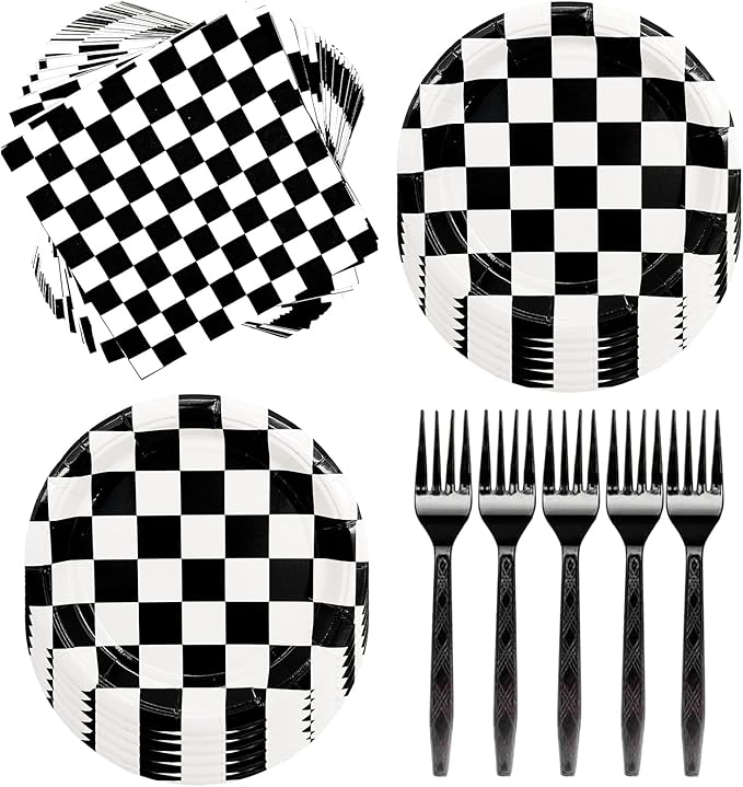 60Pcs Race Car Black and White Checkered Party Supplies - Racing Tableware Set with 7" Plates, Checkered Flag Napkins, Forks for Race Car Themed Birthday Party Decorations (Serves 20)