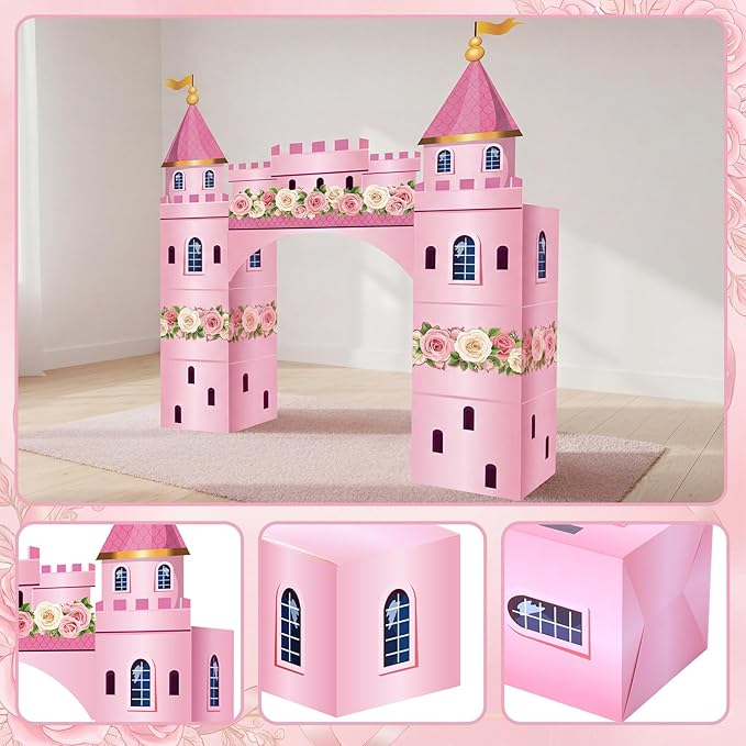 Pajean 9 Pcs Princess Party Decorations 43 x 60 Inch Pink Princess Cardboard Castle Playhouse Kit Floral Castle Fort Set Girl Birthday Centerpiece for Bridal Shower, Tea Party, Wedding Decor