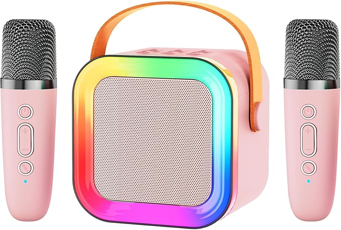 Mini Karaoke Machine for Kids & Girls with 2 Wireless Microphones, Portable Bluetooth Speaker, Christmas Birthday Gift Toy for Boys Toddlers Ages 3, 4, 5, 6, 7, 8, 9, 10, 11, 12+ Years Old (Pink - 2)