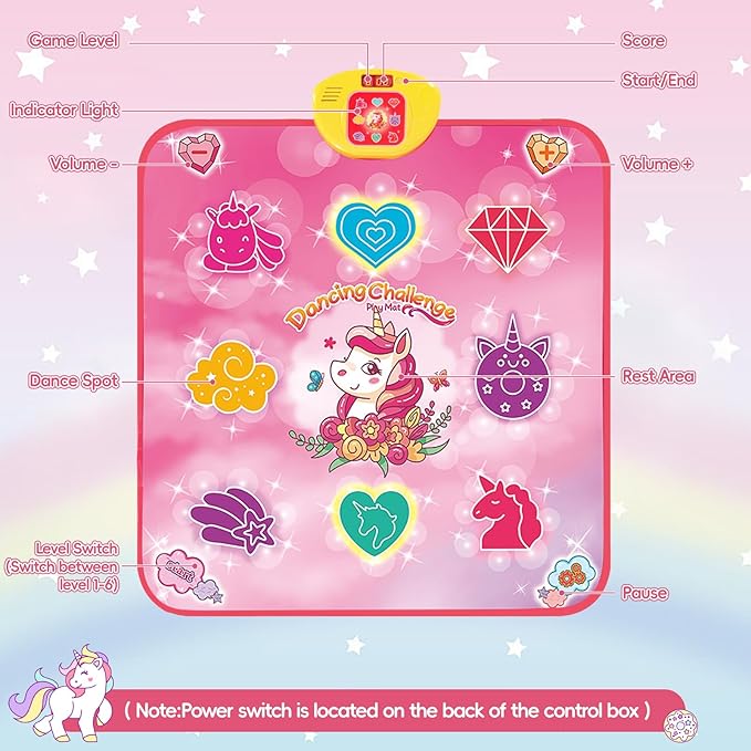 Unicorn Dance Mat, Unicorn Toys for Girls Age 4-6, Girls Toys Age 6-8, Adjustable Volume with LED, 6 Game Modes, Electronic Dancing Mat as Christmas Birthday Gift for 3 4 5 6 7 8 9+ Girls