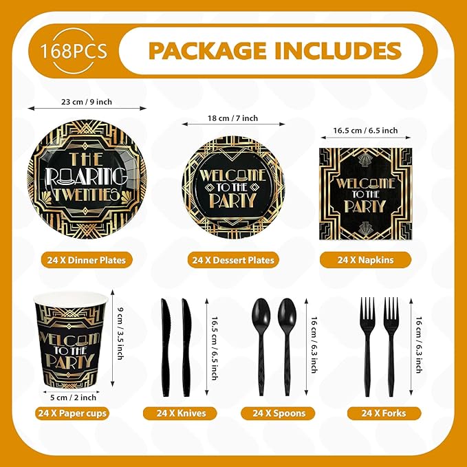 168Pcs Roaring 20s Party Decorations Great 1920s Party Plates Napkins Cups Forks Knives Spoons Black and Gold Retro Jazz Tableware for Speakeasy Bachelor Retirement Movie Night Supplies Serves 24