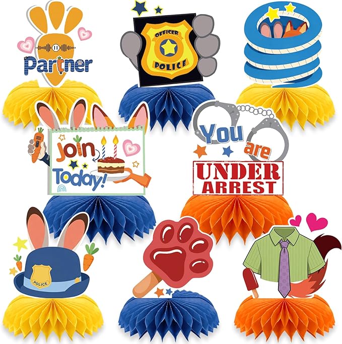 8Pcs Rabbits Fox Birthday Party Supplies for Zoo topia, Crazy Zoo Honeycomb Centerpieces Zoo Police Theme 3D Table Decorations