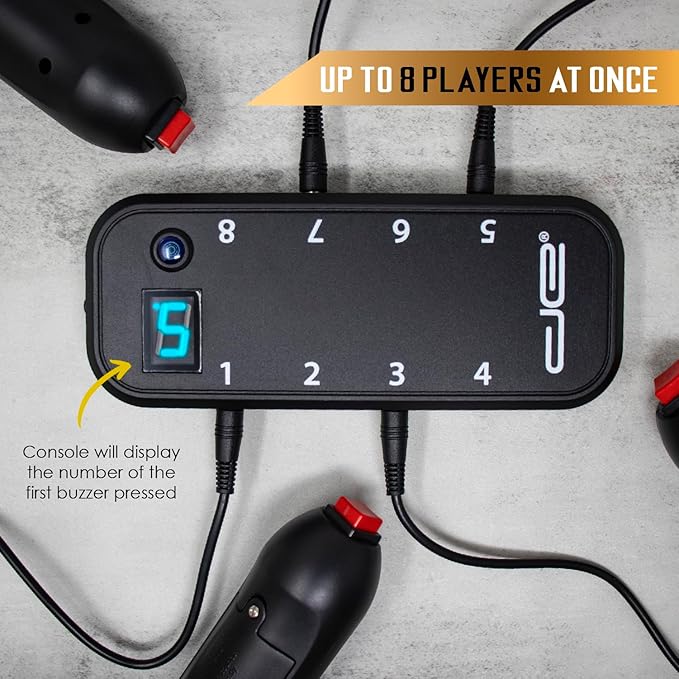 Digital Energy Handheld Game System - Console Displays First Buzz-in - Great for Jeopardy, Family Feud, Trivia and Buzzer Games - Console with 8 Joystick Buzzers