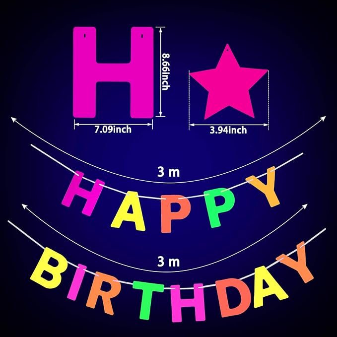 Glow Neon Party Supplies Set Glow in the Dark Happy Birthday Banner with UV Black Light Reactive Cake Topper Swirls Neon Fluorescent Latex Balloons Stars for Birthday Party