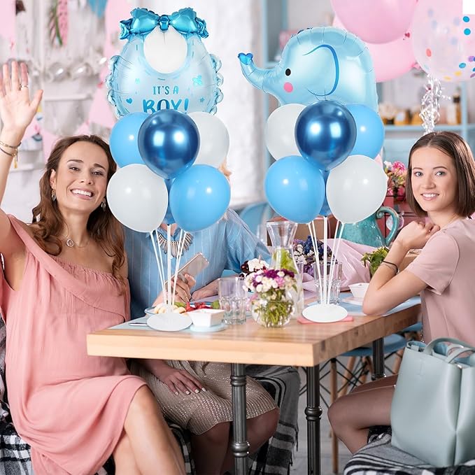 Blue Elephant Party Balloons Stand Kit 2 Sets with Blue Elephant Bib Foil Balloons Cute Elephants 1st Party Balloon Centerpieces for Tables for Animal Themed Birthday Decorations